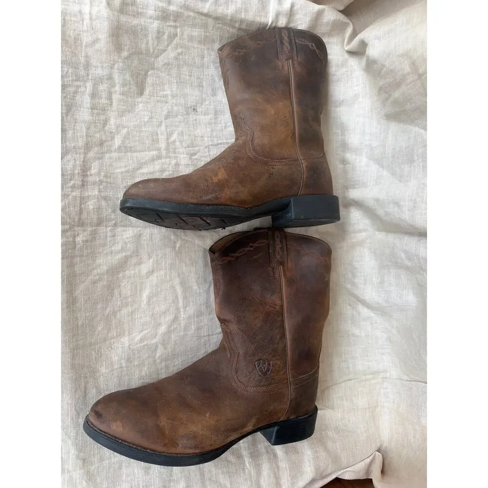 Ariat Heritage Roper Boots 10EE Brown Leather Distressed Round Toe Logo Western